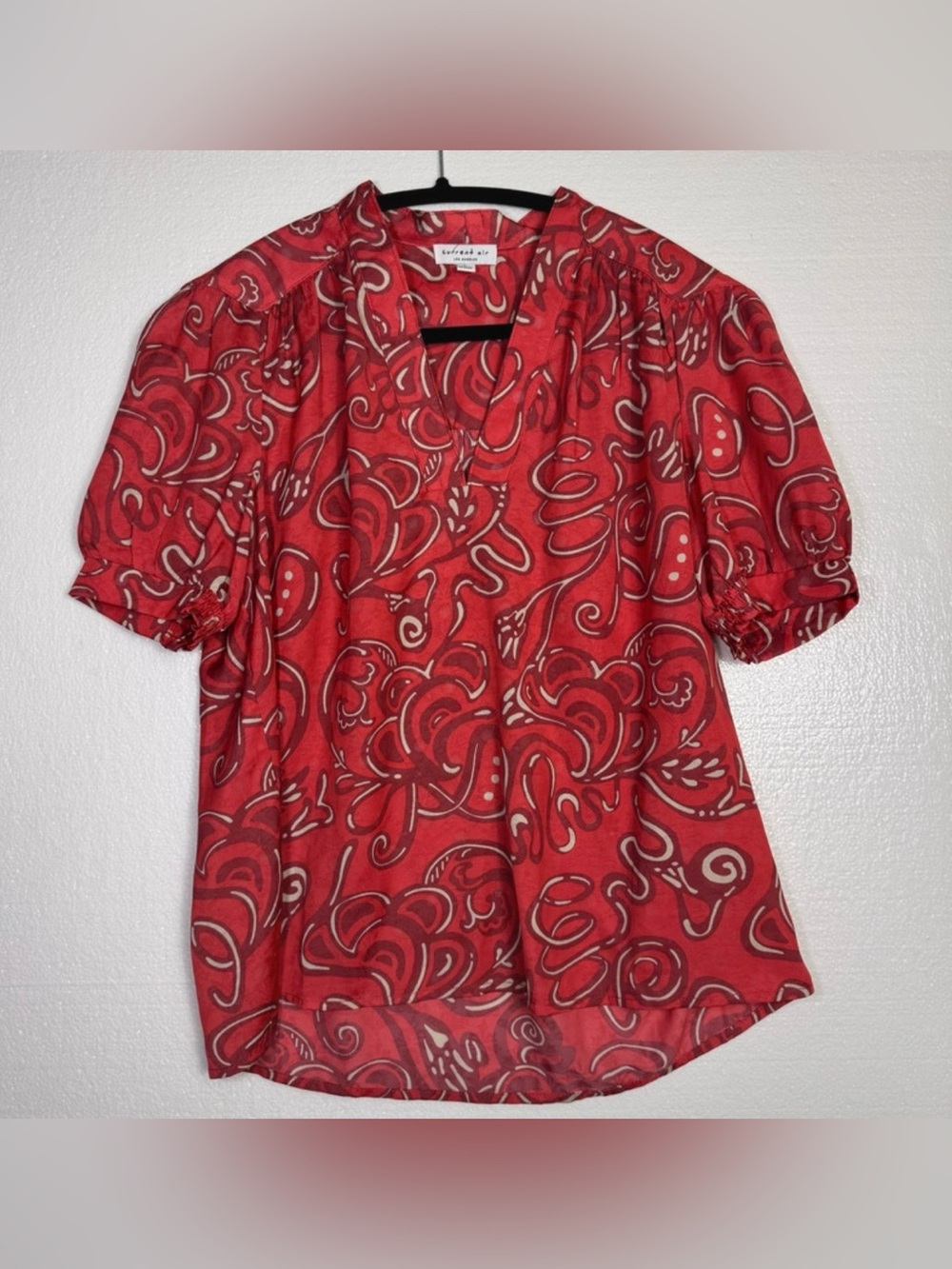 Current Air Los Angeles Red Paisley Puff Sleeve Blouse Top Size S